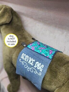 Service Dog Denim Cape with Teal & Purple Floral Accent. Easy To Read